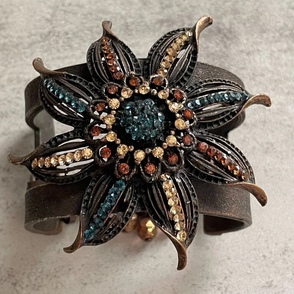 Seasonal Whispers RARE Multi-Color Crystal Pave Flower Cast Metal Cuff Bracelet